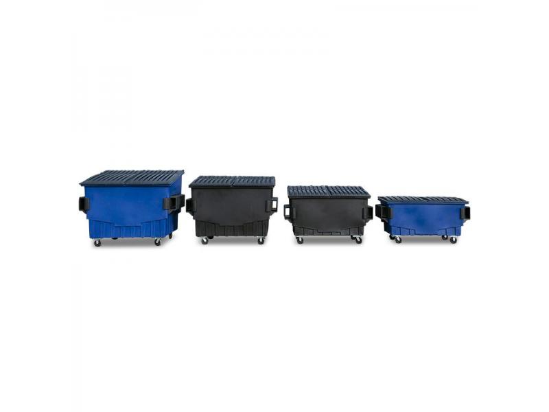 toter plastic front load dumpsters lined up to show size compairison